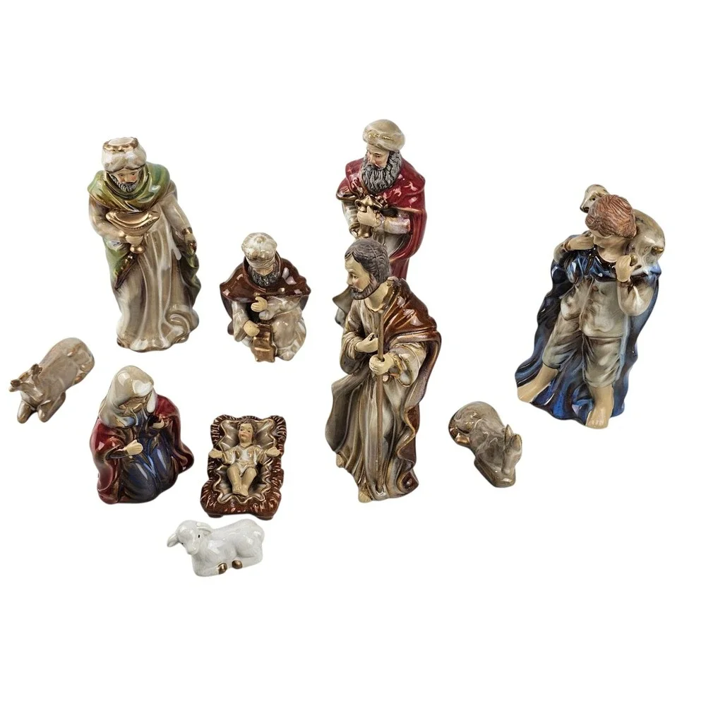 Vintage Nativity‎ Set, 10 Piece Ceramic, Religious Christmas Holiday Decor